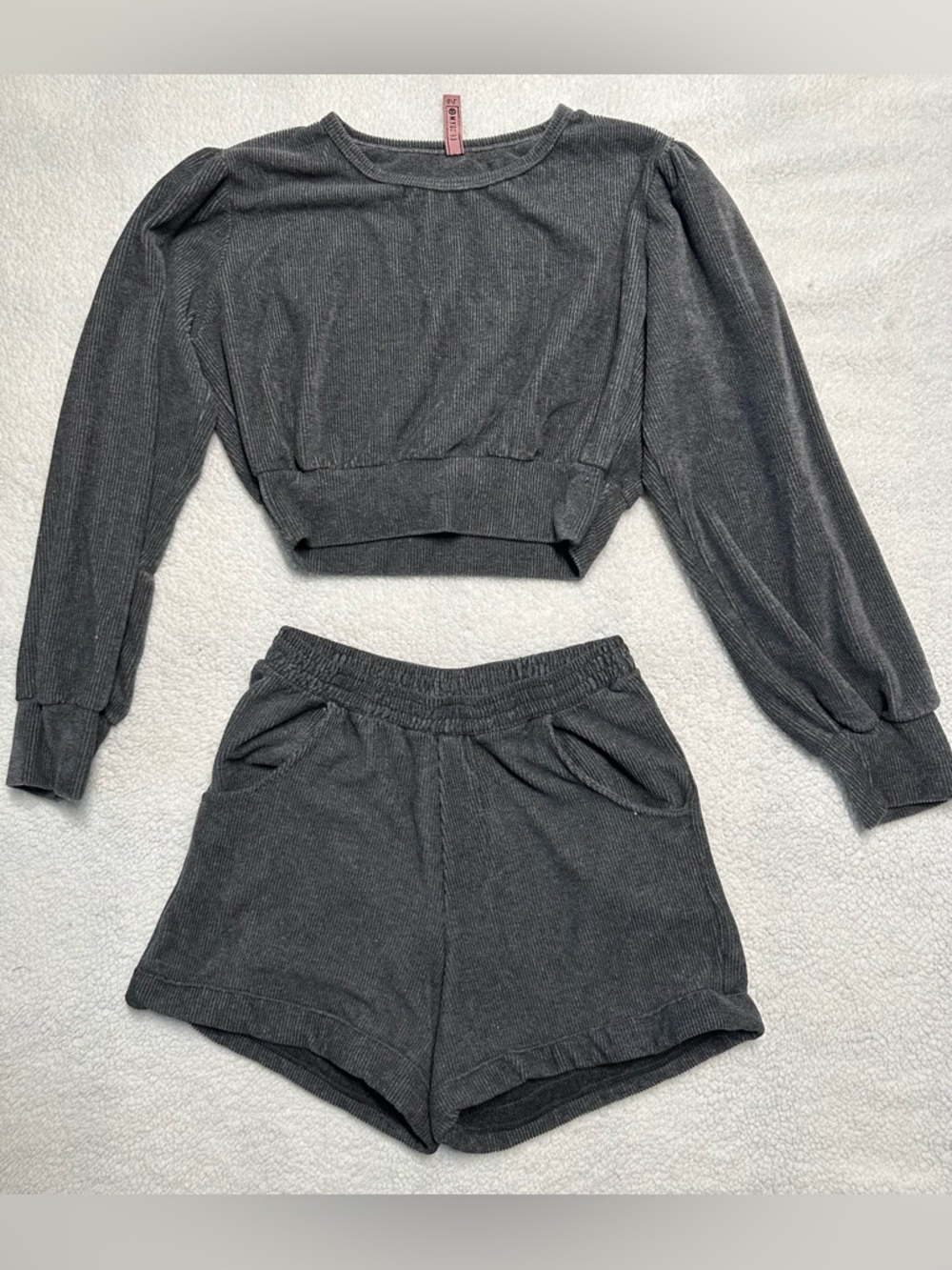 Cozy Charcoal Ribbed Crop Top & Shorts Loungewear Set